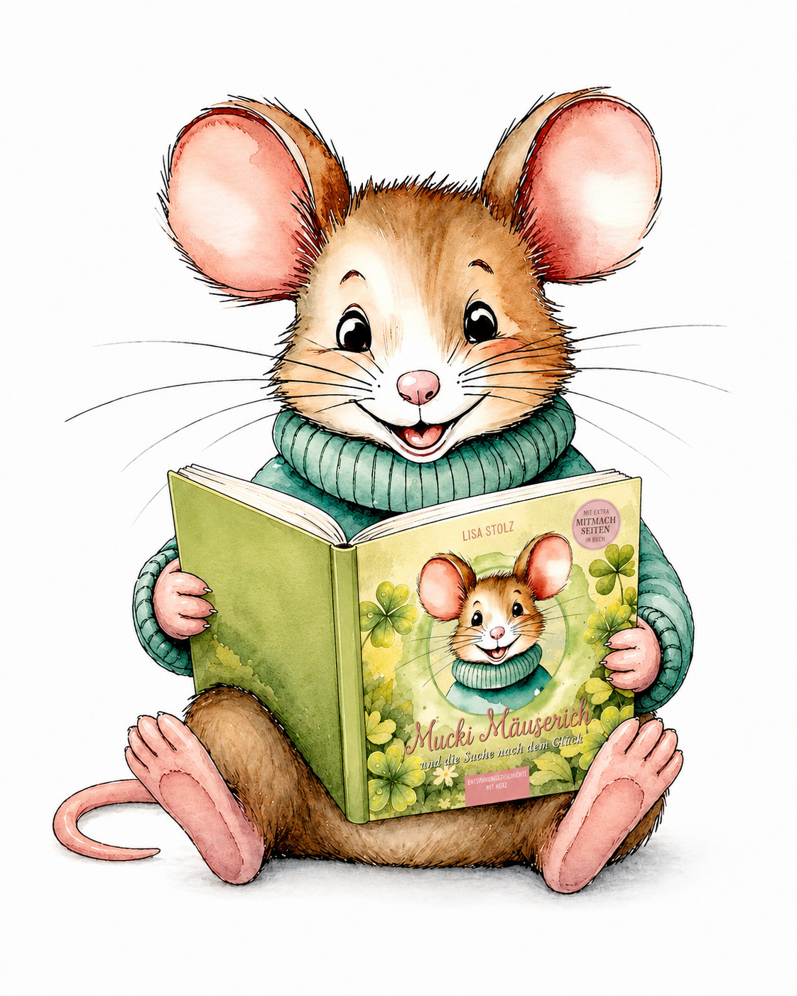 Mucki Mäuserich sitzend mit Buch
